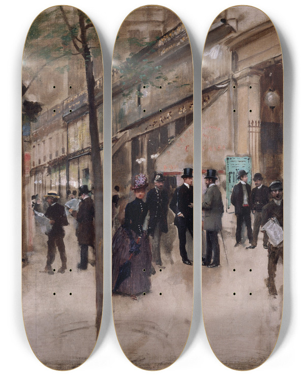 Triptych art skateboard deck of Jean Braud Le Boulevard Montmartre Devant Le Thtre Des Varits Laprsmidi by Jean Beraud (1849-1935)
