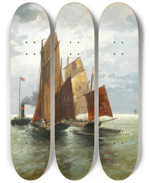 Triptych art skateboard deck of Adolf Kaufmann Steamboat And Fishing Boats At Sea by Adolf Kaufmann (1848-1916)