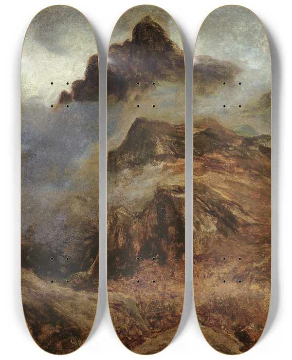 Triptych art skateboard deck of Albert Bierstadt Study Of Rocky Mountains by Albert Bierstadt (1830-1902)