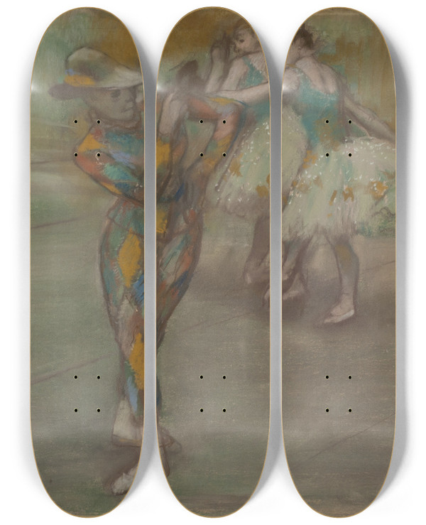 Triptych art skateboard deck of Edgar Degas Harlequin Dance by Edgar Degas (1834-1917)