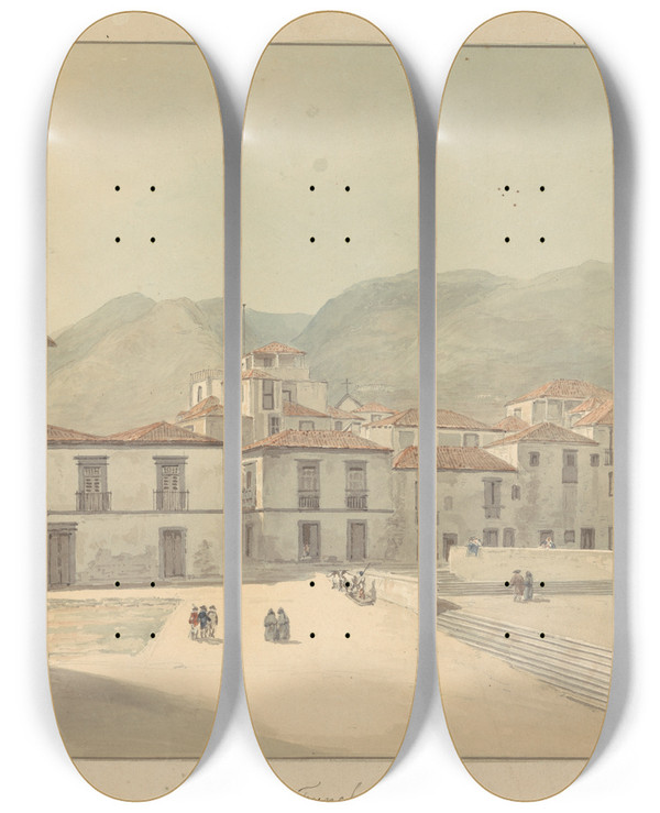 Triptych art skateboard deck of Samuel Davis Funchal Madeira A Square With A Church by Samuel Davis (1757-1819)