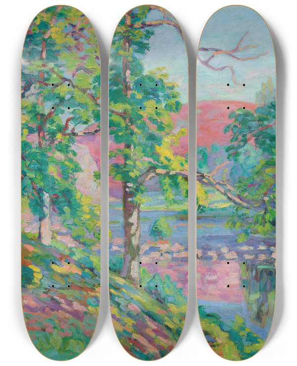 Triptych art skateboard deck of Armand Guillaumin Les Bords De La Creuse by Armand Guillaumin (1841-1927)