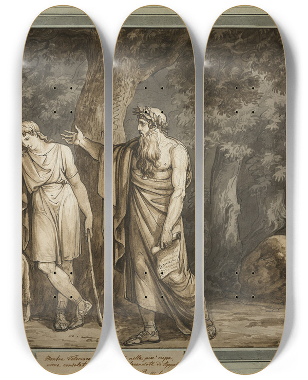 Triptych art skateboard deck of Bartolomeo Pinelli Telemachus Is Consoled By Termosiris Priest Of Apollo From The Adventures Of Telemachus Book 2 by Bartolomeo Pinelli (1781-1835)