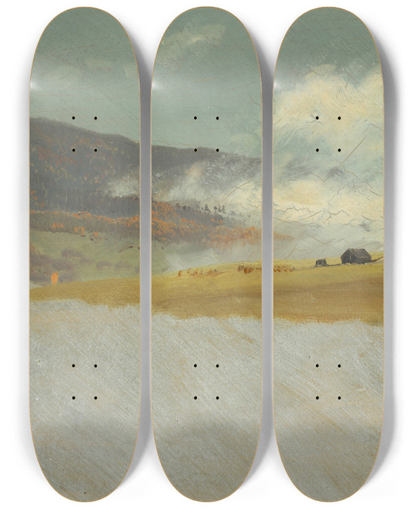 Triptych art skateboard deck of Frederic Edwin Church Hilly Landscapes by Frederic Edwin Church (1826-1900)