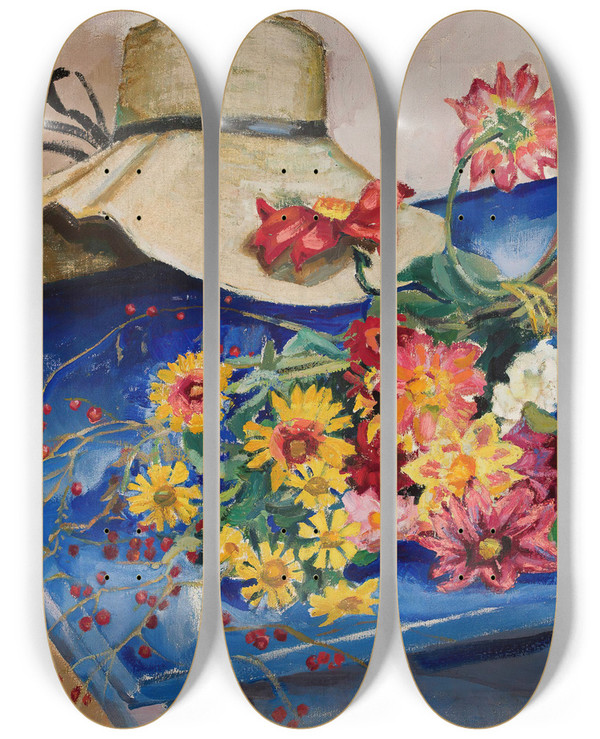 Triptych art skateboard deck of Nina Aleksandrowicz Hat With Flowers by Nina Aleksandrowicz (1877-1945)