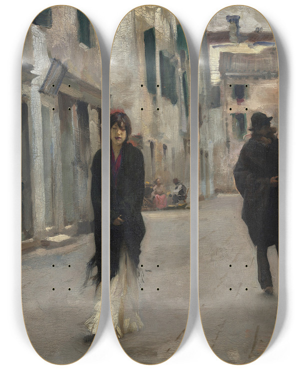 Triptych art skateboard deck of John Singer Sargent Street In Venice by John Singer Sargent (1856-1925)
