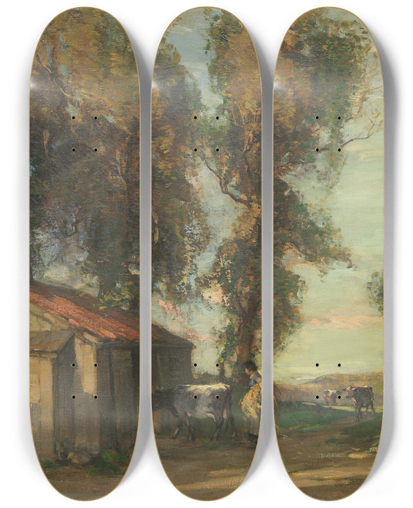 Triptych art skateboard deck of Robert Hope A Farmyard by Robert Hope (1869-1936)