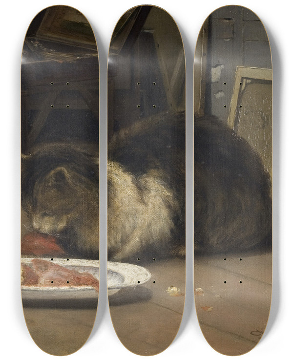 Triptych art skateboard deck of David Jacobsen The Cat In The Studio by David Jacobsen (1821-1871)