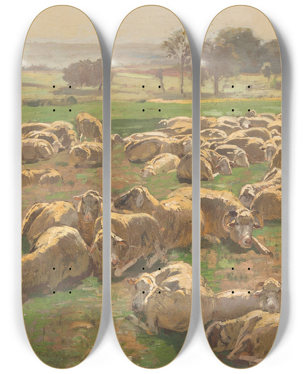 Triptych art skateboard deck of Hugo Mhlig Sheep by Hugo Muhlig (1854-1929)