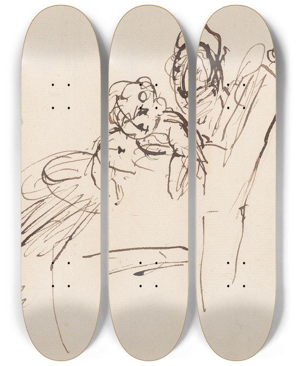 Triptych art skateboard deck of Sir Joshua Reynolds Woman And Child_5 by Sir Joshua Reynolds (1723-1792)