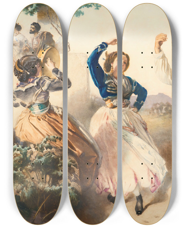 Triptych art skateboard deck of Anton Romako Tarantella by Anton Romako (1832-1889)