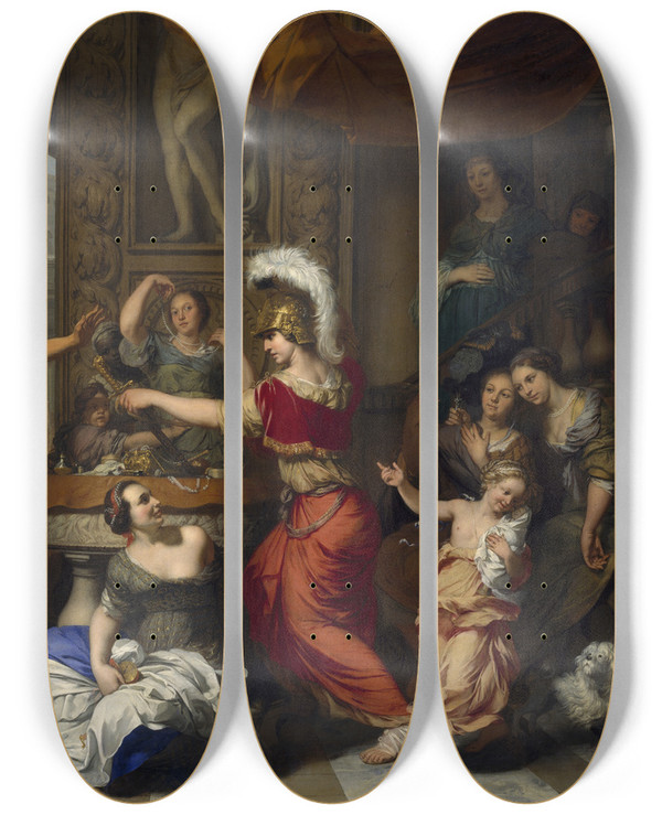 Triptych art skateboard deck of Gerard De Lairesse Achilles Recognized By Ulysses At The Court Of Lycomedes by Gerard de Lairesse (1641-1711)