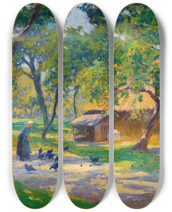Triptych art skateboard deck of Paul Madeline Cour De Ferme by Paul Madeline (1863-1920)