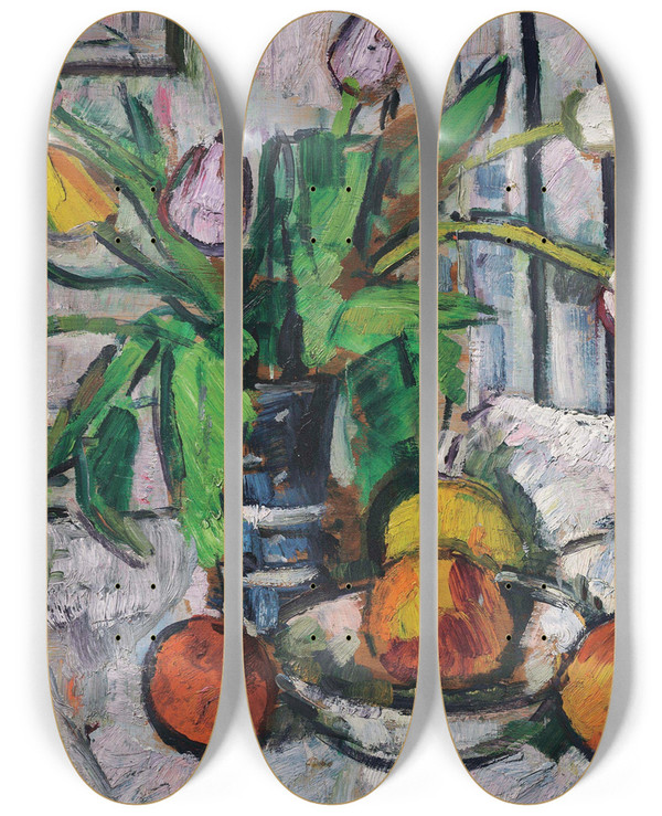 Triptych art skateboard deck of George Leslie Hunter Tulips In A Blue Vase by George Leslie Hunter (1879-1931)