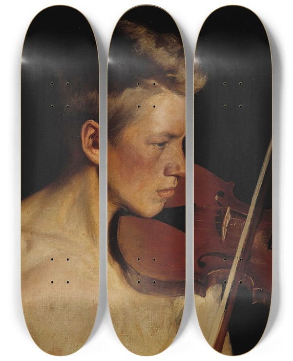 Triptych art skateboard deck of Pekka Halonen The Violinist by Pekka Halonen (1865-1933)