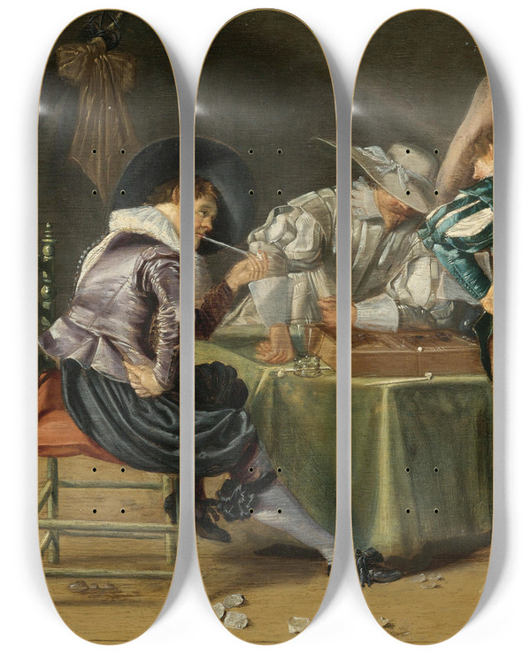 Triptych art skateboard deck of Dirck Hals Trictrac Players In An Interior by Dirck Hals (1591-1656)
