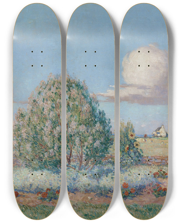 Triptych art skateboard deck of Ferdinand Du Puigaudeau Parterre Fleuri by Ferdinand Du Puigaudeau (1864-1930)