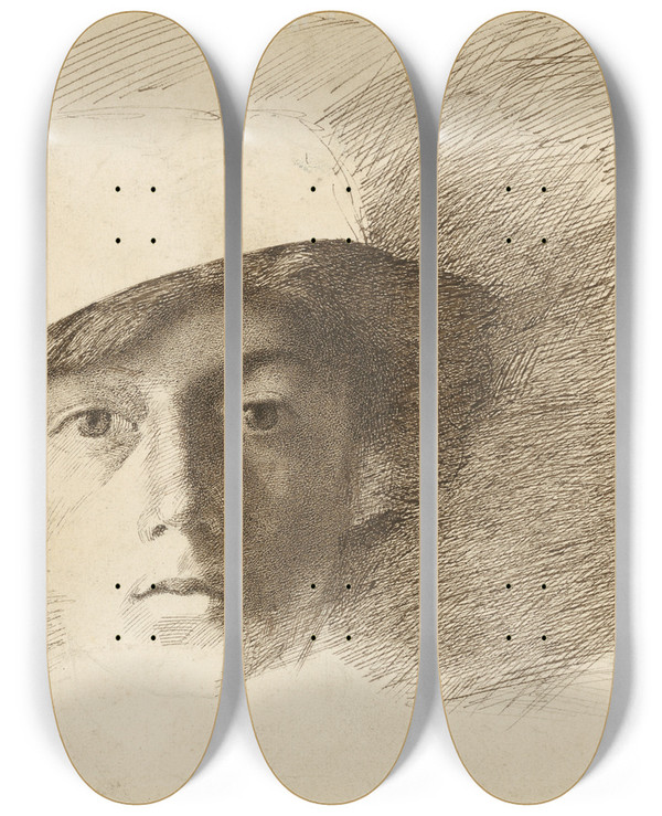 Triptych art skateboard deck of Charles Samuel Keene Selfportrait by Charles Samuel Keene (1823-1891)