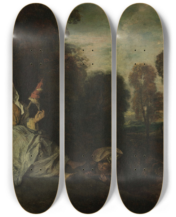 Triptych art skateboard deck of Jeanantoine Watteau Evening Landscape With Spinner_2 by Jean-Antoine Watteau (1684-1721)