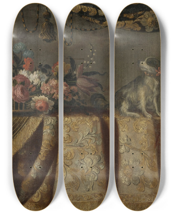 Triptych art skateboard deck of Francesco Noletti Still Life Of Flowers With A Toy Spaniel All On A Draped Table by Francesco Noletti (1611-1654)