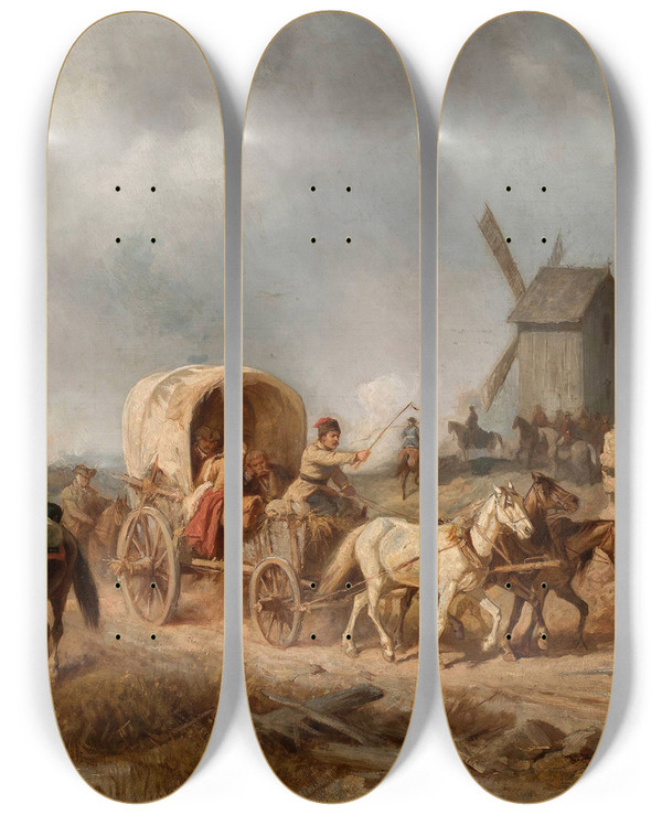 Triptych art skateboard deck of Henryk Pillati Convoy Of The Wounded by Henryk Pillati (1832-1894)