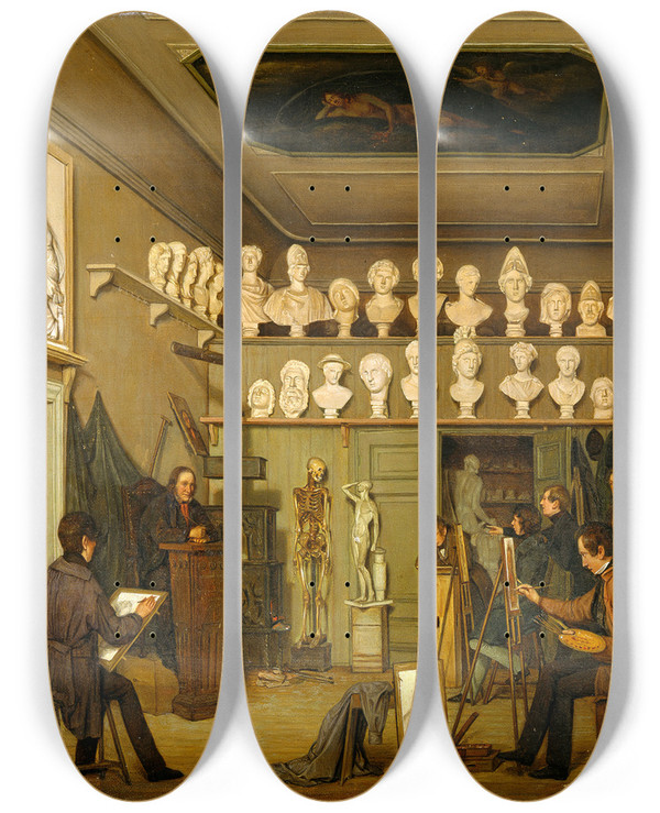 Triptych art skateboard deck of Ferdinand Richardt A Studio At The Academy Of Fine Arts Copenhagen by Ferdinand Richardt (1819-1895)