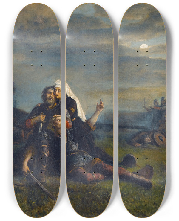 Triptych art skateboard deck of Peter Nicolai Arbo After The Battle by Peter Nicolai Arbo (1831-1892)