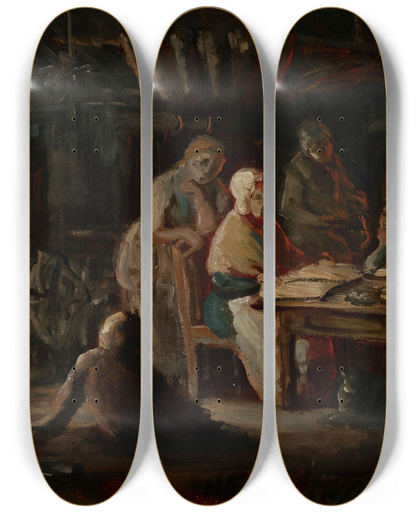Triptych art skateboard deck of Robert Wilhelm Ekman Sunday Night At Grandmas Grandmothers Birthday Sketch by Robert Wilhelm Ekman (1808-1873)
