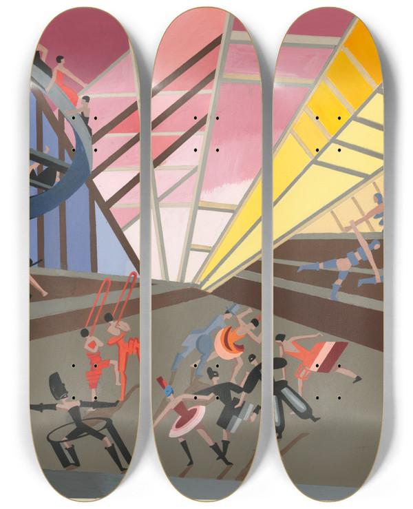 Triptych art skateboard deck of Alexandra Exter Maquettes De Thatre 10 by Alexandra Exter (1882-1949)