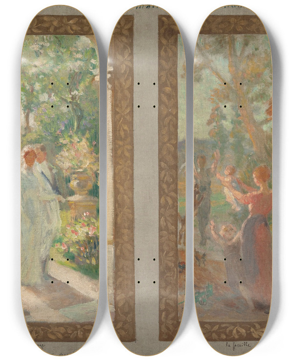Triptych art skateboard deck of Edmond Tapissier Le Mariage La Famille by Edmond Tapissier (1861-1943)