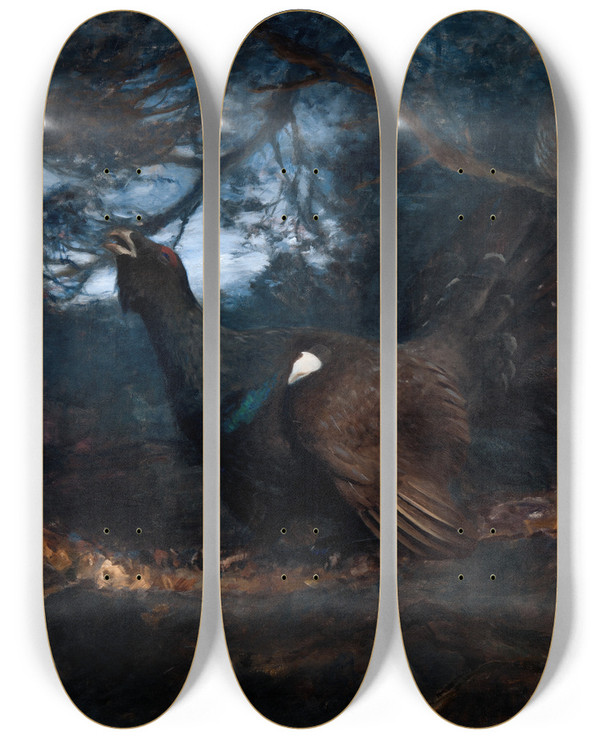 Triptych art skateboard deck of Bruno Liljefors The Mating Of The Capercaillies by Bruno Liljefors (1860-1939)