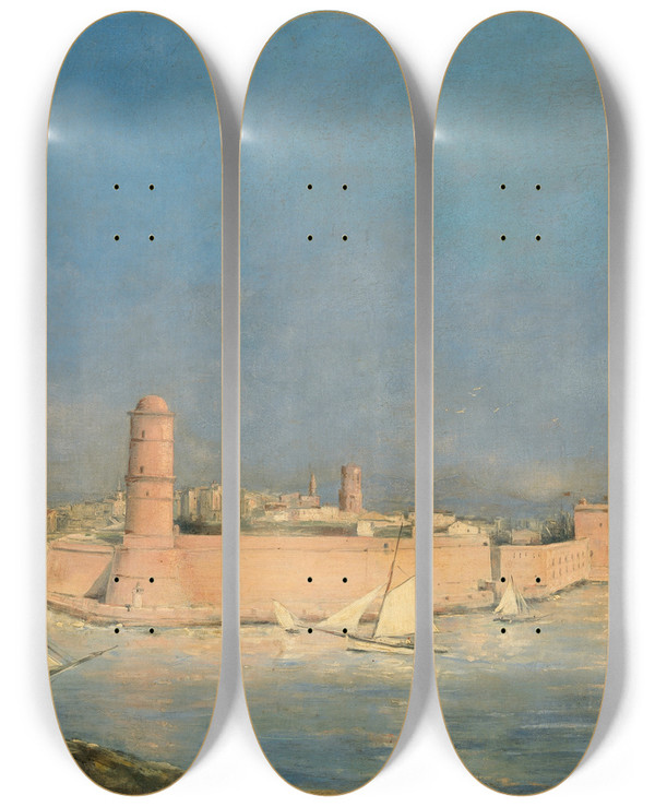 Triptych art skateboard deck of Antoine Vollon Marseilles Harbour With A Lighthouse by Antoine Vollon (1833-1900)