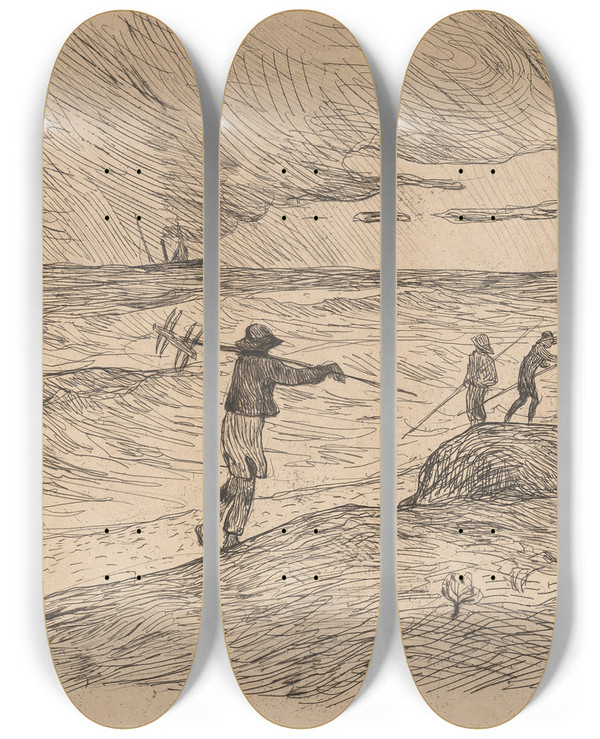 Triptych art skateboard deck of Henry Moret Les Ramasseurs De Gomon Ii by Henry Moret (1856-1913)