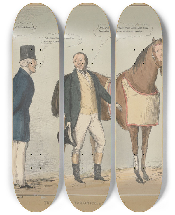 Triptych art skateboard deck of John Doyle The Derby Favorite A Little Amiss by John Doyle (1939)