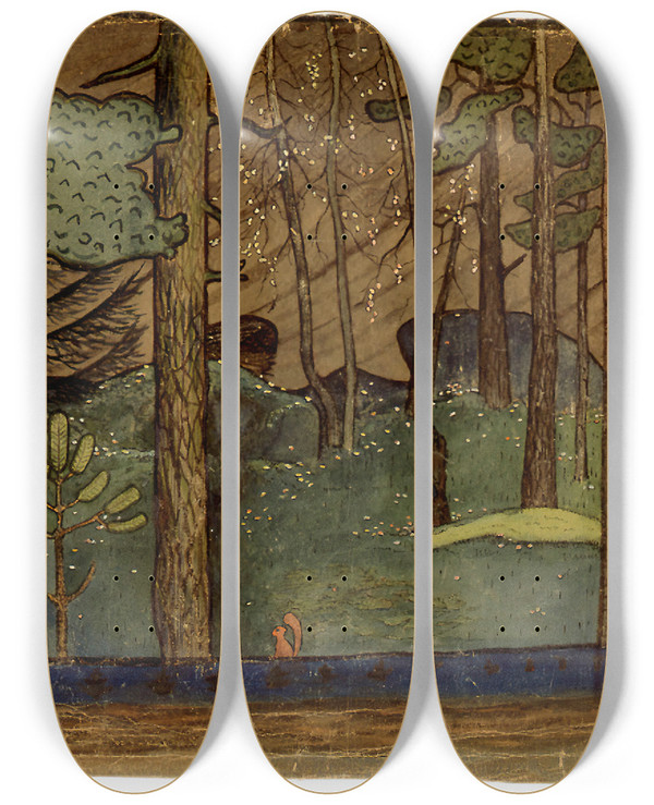 Triptych art skateboard deck of Hugo Simberg Autumn In The Forest by Hugo Simberg (1873-1917)
