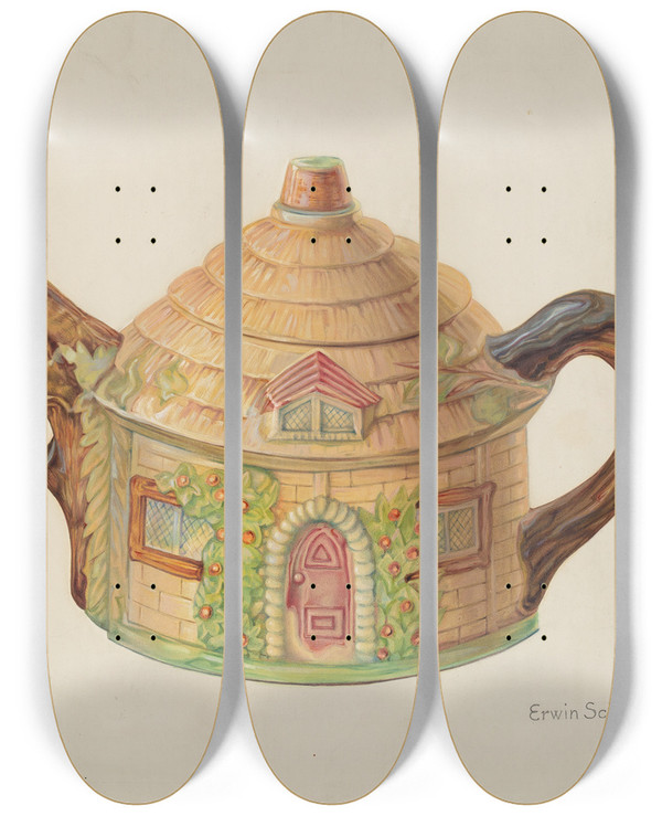 Triptych art skateboard deck of Erwin Schwabe Teapot by Erwin Schwabe