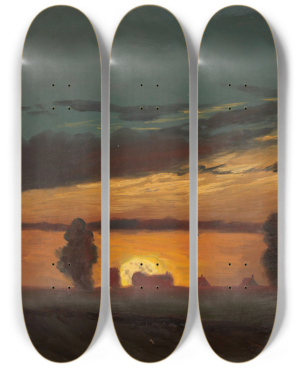 Triptych art skateboard deck of Knud Baade Landscape In Sunset by Knud Baade (1808-1879)