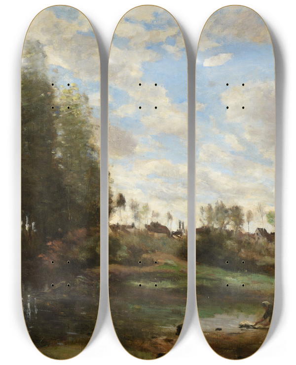 Triptych art skateboard deck of Jeanbaptistecamille Corot Laveuses Au Bord De Leau by Jean-Baptiste-Camille Corot (1796-1875)