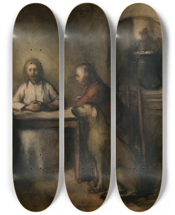 Triptych art skateboard deck of Jakob Smits The Supper At Emmaus by Jakob Smits (1855-1928)