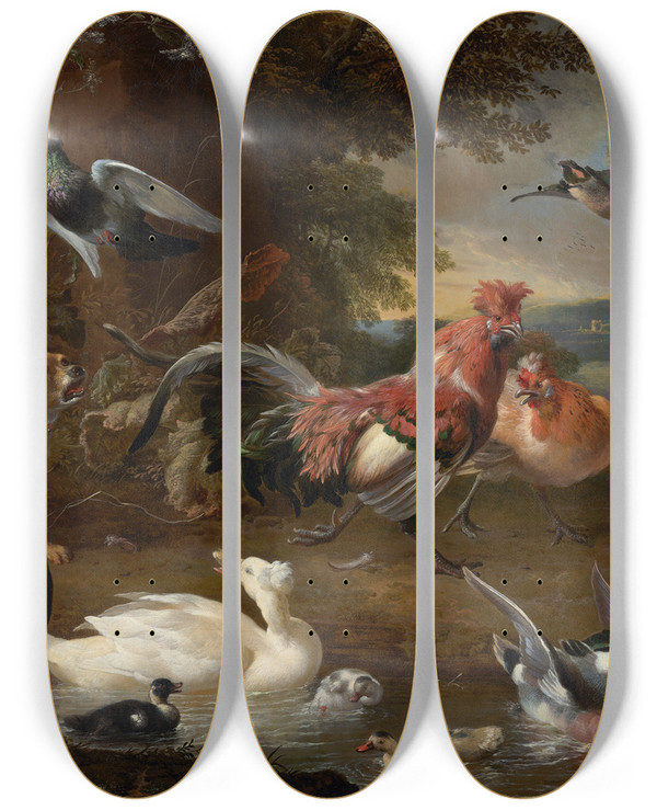 Triptych art skateboard deck of Melchior Dhondecoeter Chickens And Ducks by Melchior d'Hondecoeter (1636-1695)