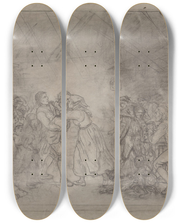 Triptych art skateboard deck of Adolph Tidemand Det Gjenfundne Barn by Adolph Tidemand (1814-1876)