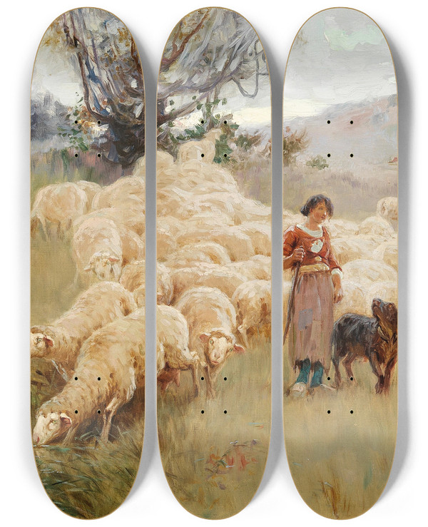 Triptych art skateboard deck of Alfred Plauzeau A Flock Of Sheep by Alfred Plauzeau (1875-1918)