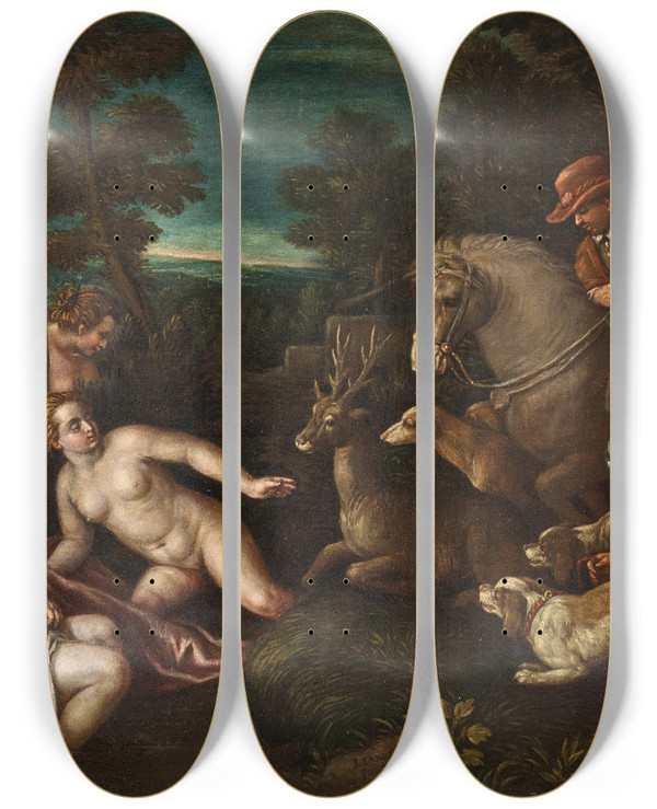 Triptych art skateboard deck of Leandro Bassano Diana And Actaeon by Leandro Bassano (1557-1623)