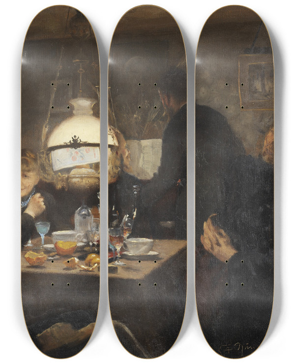 Triptych art skateboard deck of Laurits Andersen Ring Company In Evening Light by Laurits Andersen Ring (1854-1933)