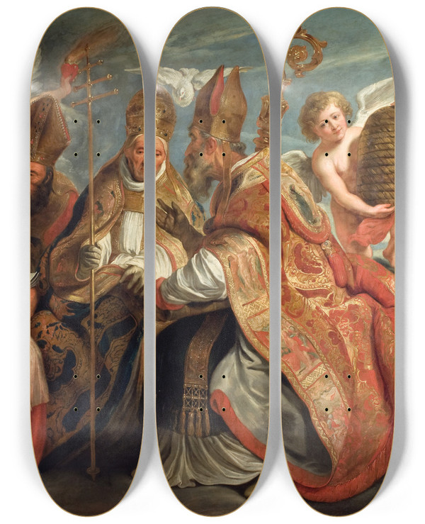 Triptych art skateboard deck of Jacob Jordaens The Four Fathers Of The Latin Church by Jacob Jordaens (1593-1678)