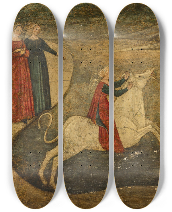 Triptych art skateboard deck of Master Of 1441 The Rape Of Europa by Master Of 1441