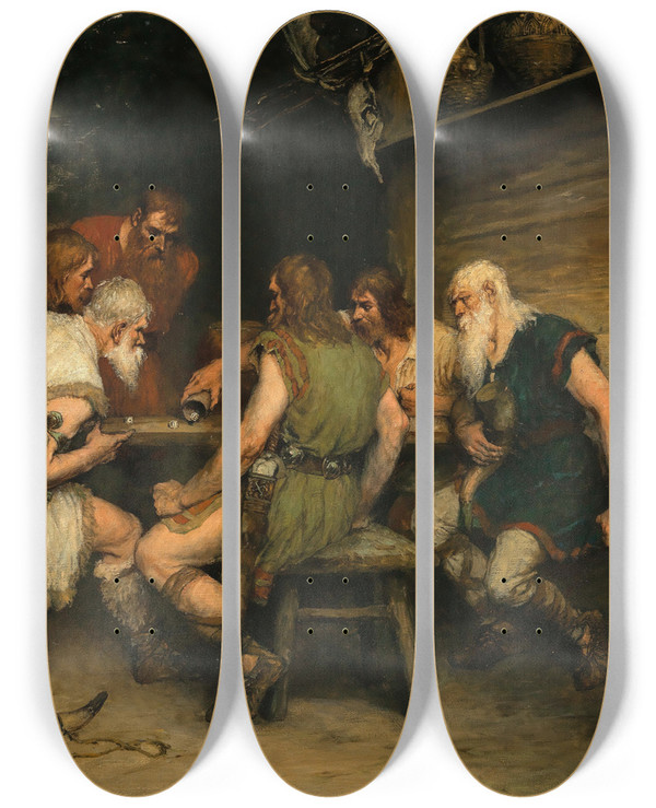 Triptych art skateboard deck of Ferdinand Leeke A Game Of Dice by Ferdinand Leeke (1859-1923)