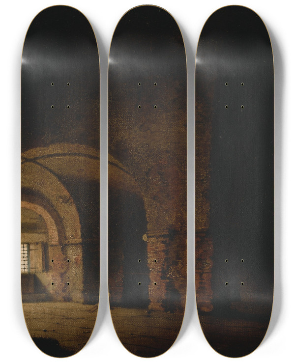 Triptych art skateboard deck of Joseph Wright Of Derby The Prisoner by Joseph Wright Of Derby (1734-1797)