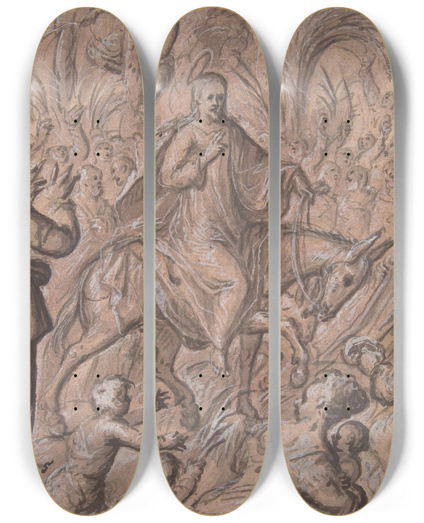 Triptych art skateboard deck of Hans Stutte Christs Entry Into Jerusalem by Hans Stutte (1610-1625)