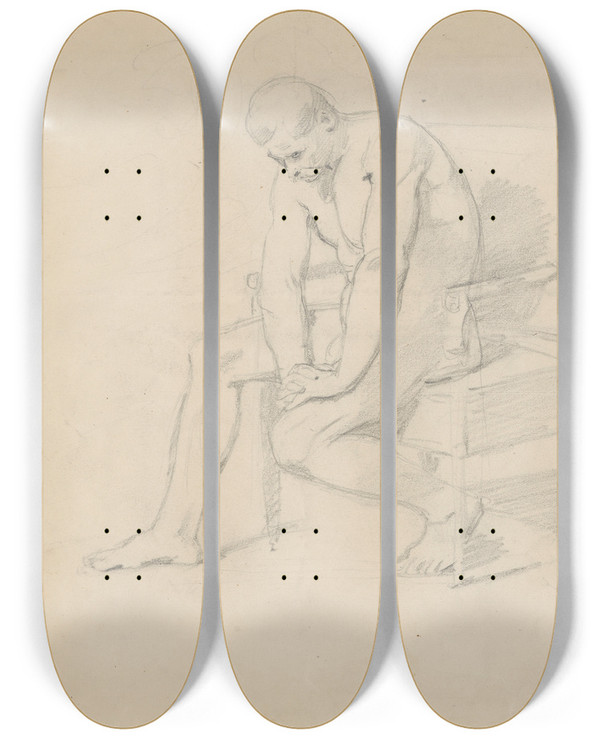 Triptych art skateboard deck of Jzef Simmler Study Of The King Figure For The Painting Death Of Barbara Radziwi Nude Variant_2 by Jozef Simmler (1823-1868)